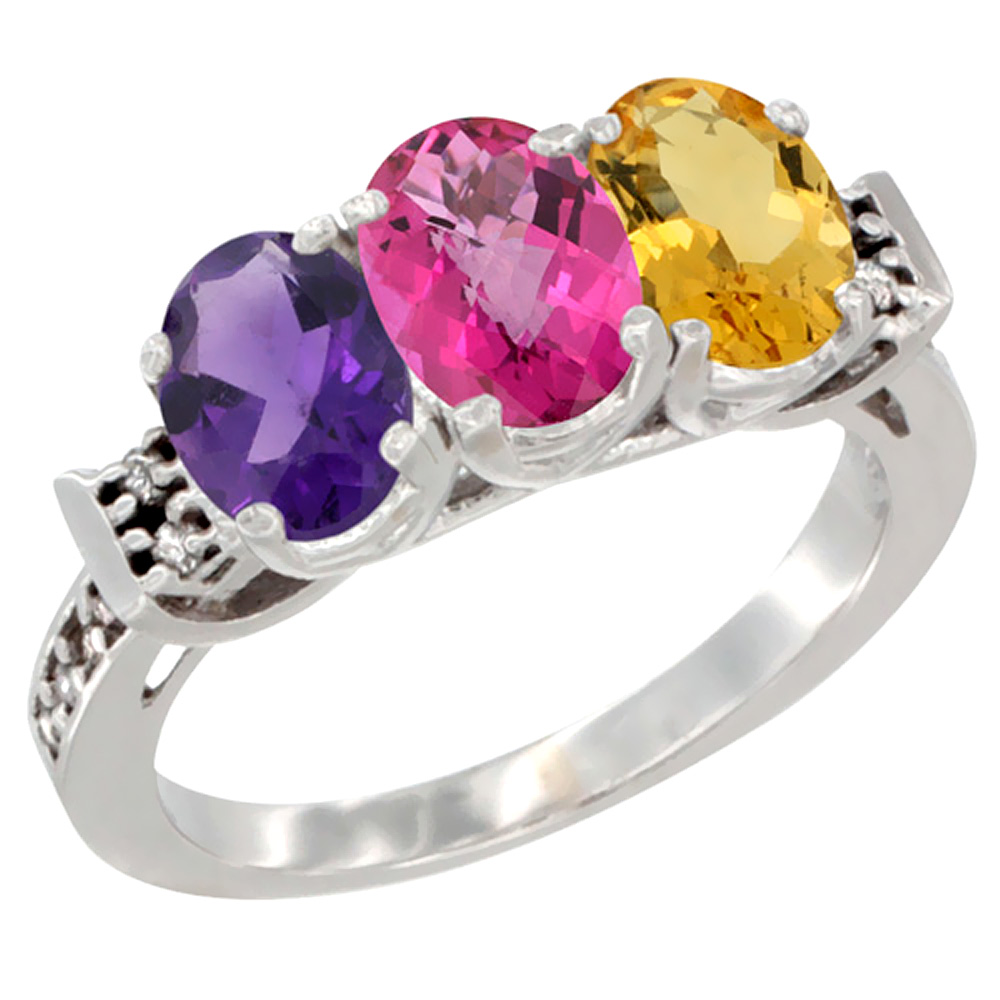 10K White Gold Natural Amethyst, Pink Topaz &amp; Citrine Ring 3-Stone Oval 7x5 mm Diamond Accent, sizes 5 - 10