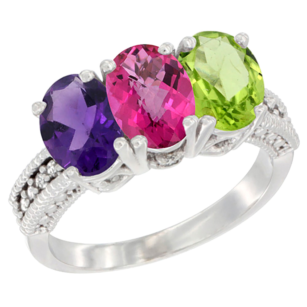 14K White Gold Natural Amethyst, Pink Topaz &amp; Peridot Ring 3-Stone 7x5 mm Oval Diamond Accent, sizes 5 - 10