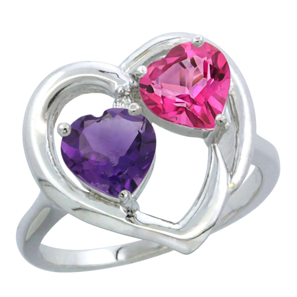 14K White Gold Diamond Two-stone Heart Ring 6mm Natural Amethyst &amp; Pink Topaz, sizes 5-10