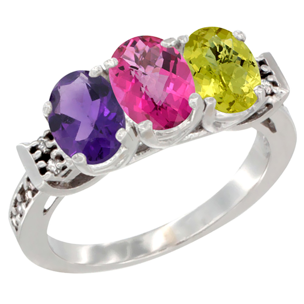 10K White Gold Natural Amethyst, Pink Topaz & Lemon Quartz Ring 3-Stone Oval 7x5 mm Diamond Accent, sizes 5 - 10