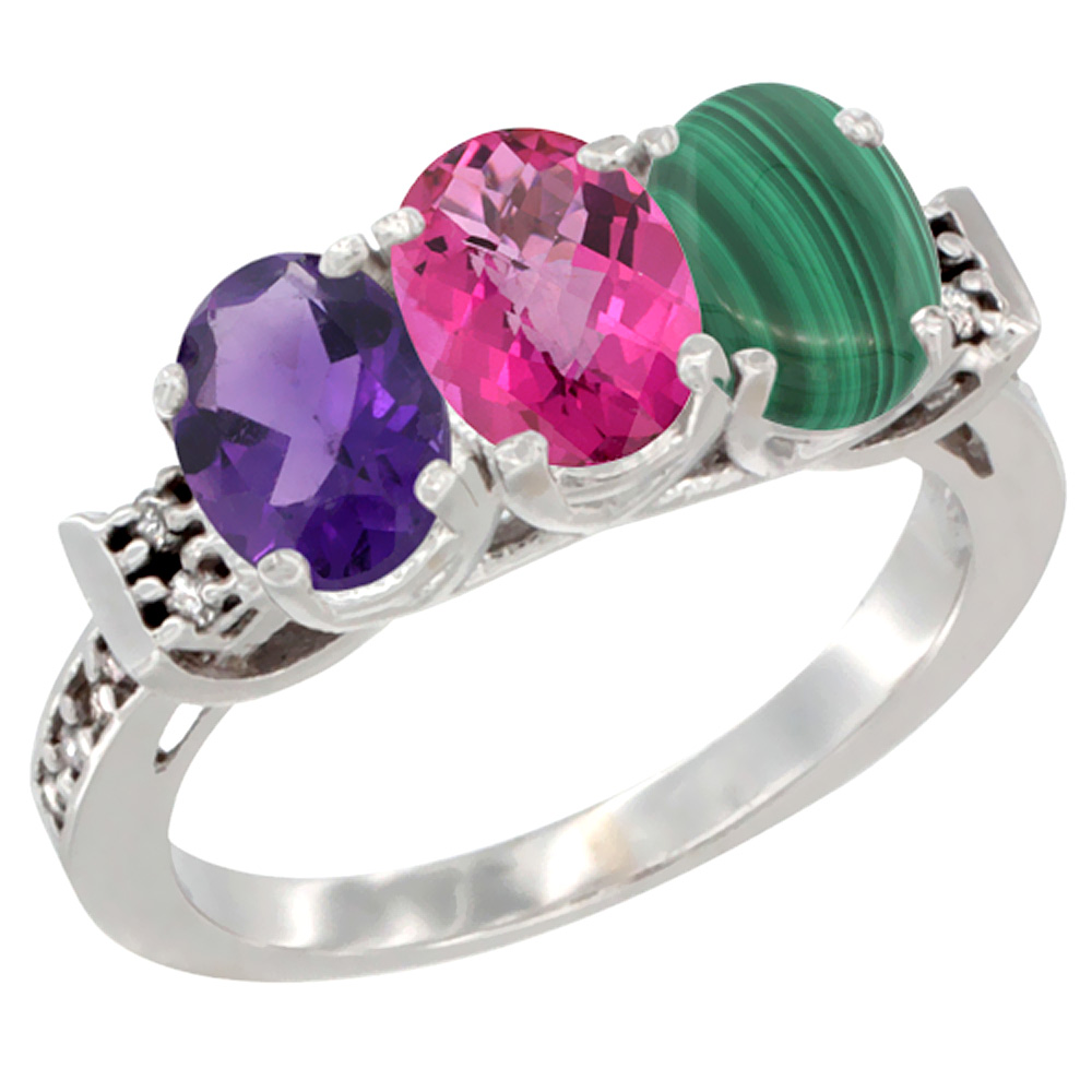 10K White Gold Natural Amethyst, Pink Topaz & Malachite Ring 3-Stone Oval 7x5 mm Diamond Accent, sizes 5 - 10