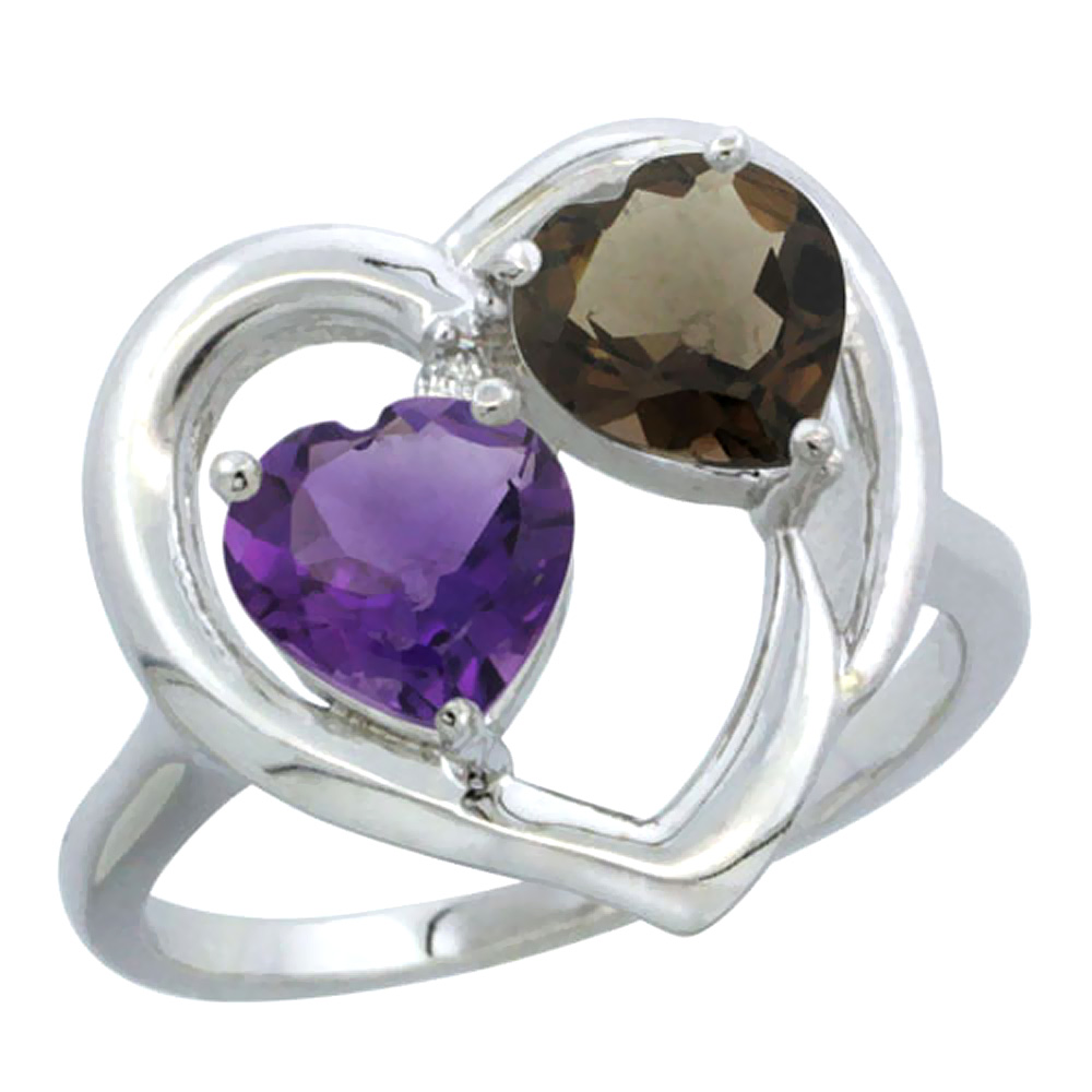 14K White Gold Diamond Two-stone Heart Ring 6mm Natural Amethyst &amp; Smoky Topaz, sizes 5-10