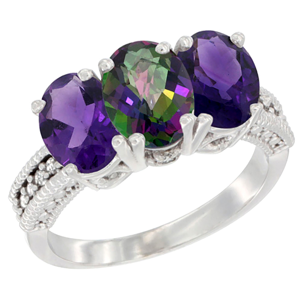 10K White Gold Natural Mystic Topaz &amp; Amethyst Sides Ring 3-Stone Oval 7x5 mm Diamond Accent, sizes 5 - 10
