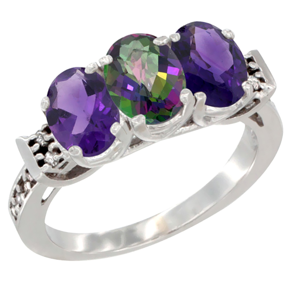10K White Gold Natural Mystic Topaz &amp; Amethyst Sides Ring 3-Stone Oval 7x5 mm Diamond Accent, sizes 5 - 10