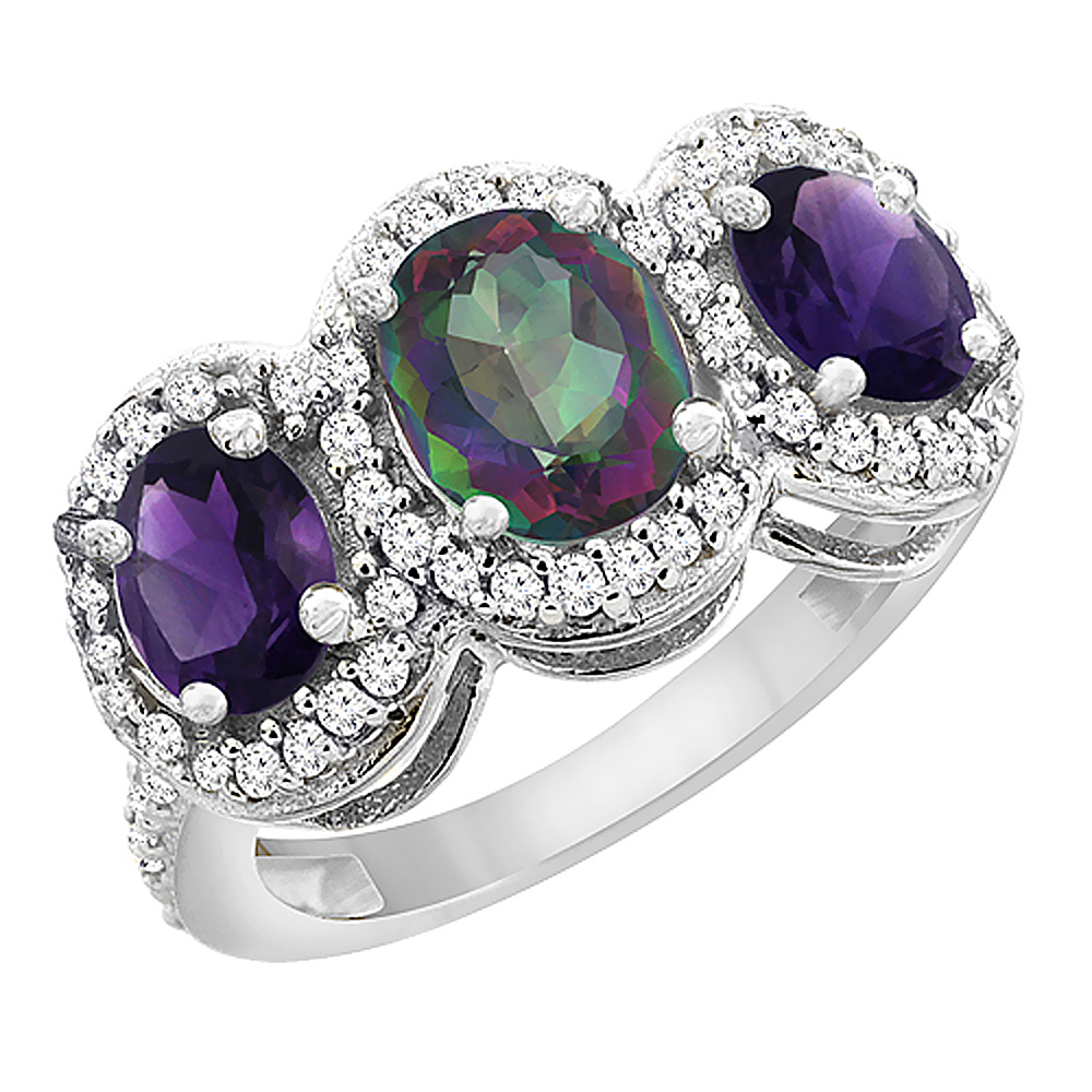 14K White Gold Natural Mystic Topaz &amp; Amethyst 3-Stone Ring Oval Diamond Accent, sizes 5 - 10