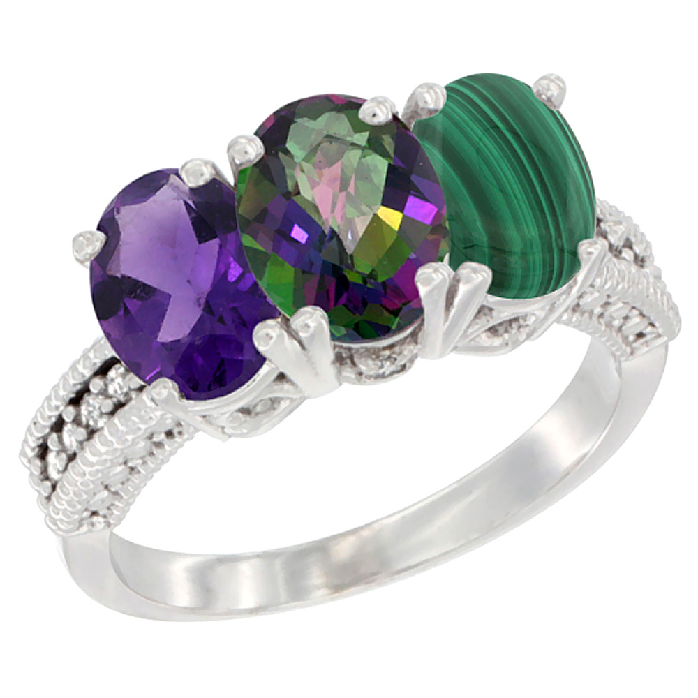 10K White Gold Natural Amethyst, Mystic Topaz &amp; Malachite Ring 3-Stone Oval 7x5 mm Diamond Accent, sizes 5 - 10