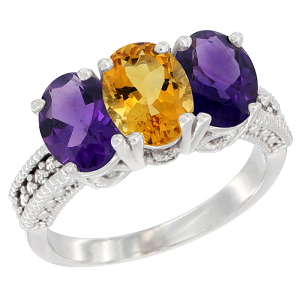 10K White Gold Natural Citrine & Amethyst Sides Ring 3-Stone Oval 7x5 mm Diamond Accent, sizes 5 - 10