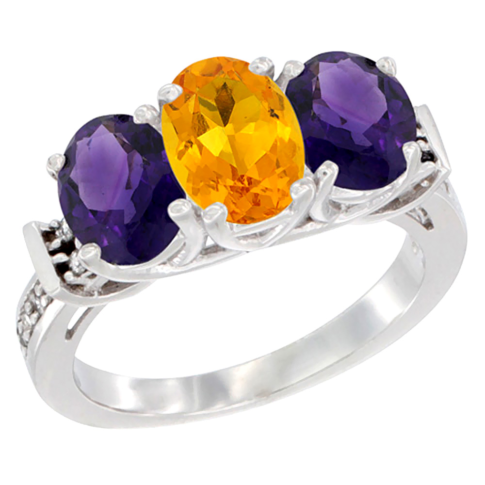 10K White Gold Natural Citrine &amp; Amethyst Sides Ring 3-Stone Oval Diamond Accent, sizes 5 - 10