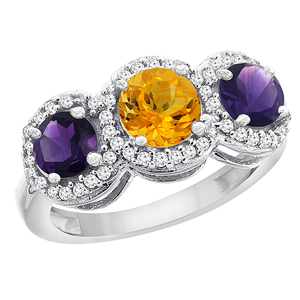 10K White Gold Natural Citrine & Amethyst Sides Round 3-stone Ring Diamond Accents, sizes 5 - 10
