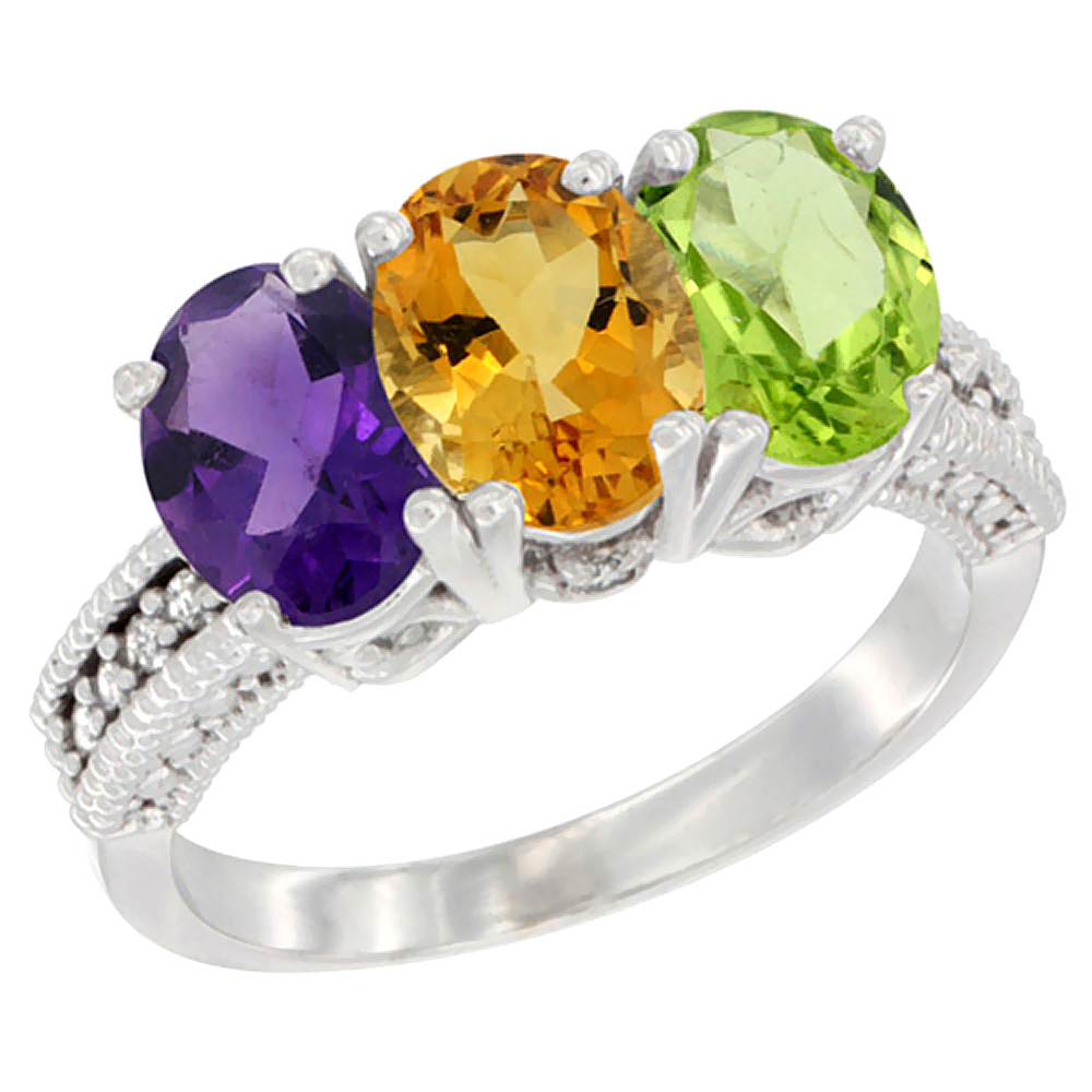 14K White Gold Natural Amethyst, Citrine &amp; Peridot Ring 3-Stone 7x5 mm Oval Diamond Accent, sizes 5 - 10