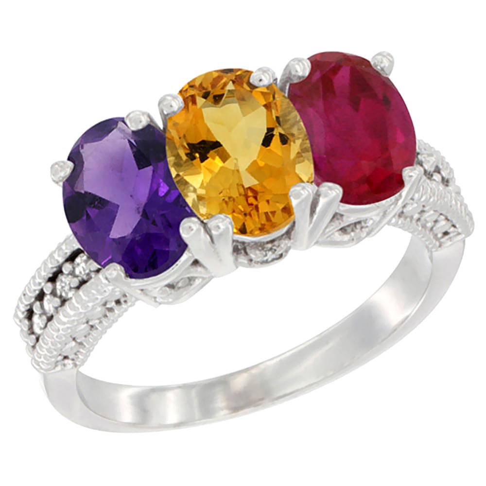 10K White Gold Natural Amethyst, Citrine &amp; Enhanced Ruby Ring 3-Stone Oval 7x5 mm Diamond Accent, sizes 5 - 10