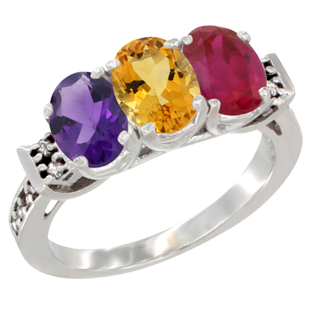 10K White Gold Natural Amethyst, Citrine & Enhanced Ruby Ring 3-Stone Oval 7x5 mm Diamond Accent, sizes 5 - 10
