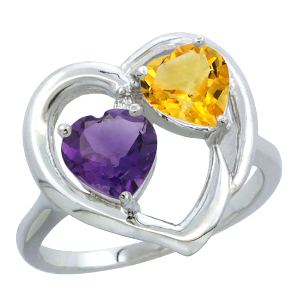 14K White Gold Diamond Two-stone Heart Ring 6mm Natural Amethyst &amp; Citrine, sizes 5-10