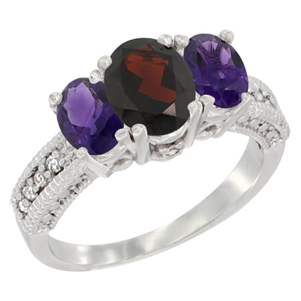 10K White Gold Diamond Natural Garnet Ring Oval 3-stone with Amethyst, sizes 5 - 10