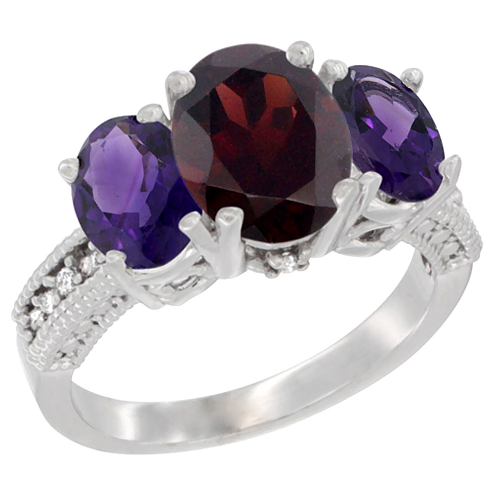 10K White Gold Diamond Natural Garnet Ring 3-Stone Oval 8x6mm with Amethyst, sizes5-10