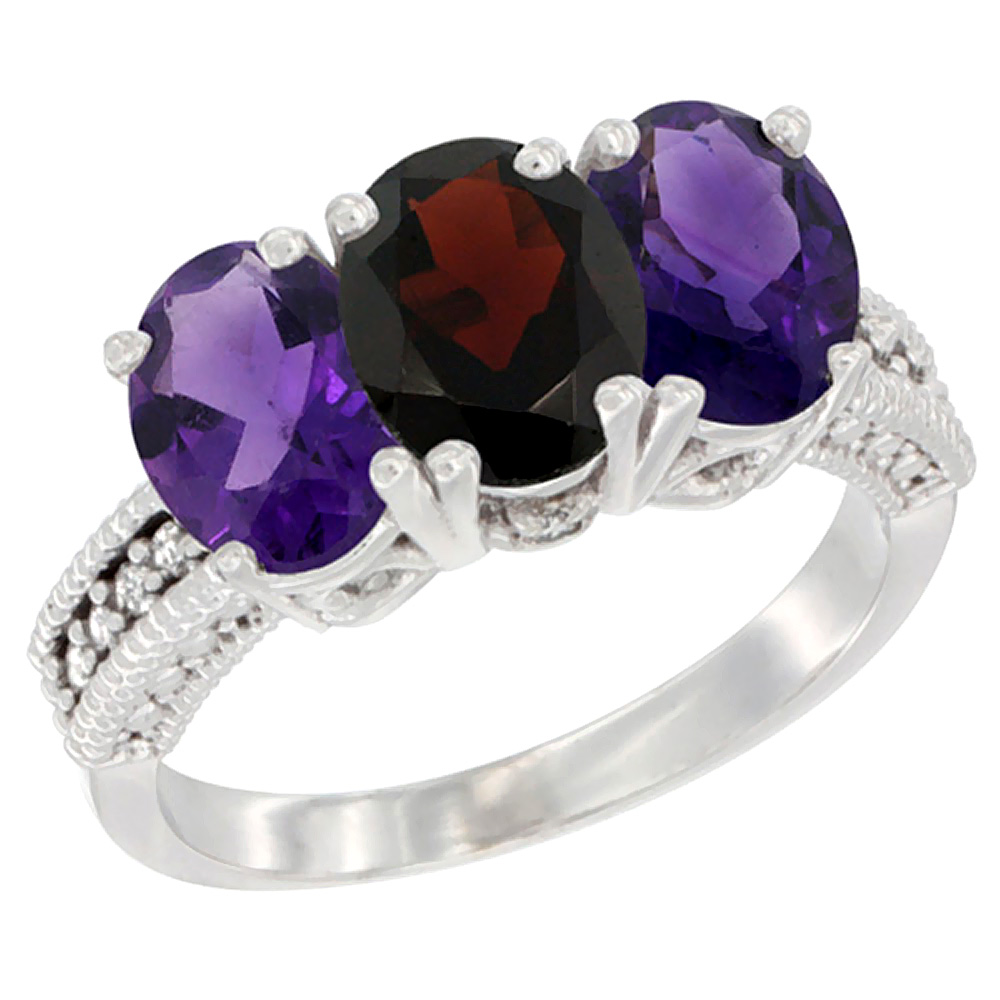 10K White Gold Natural Garnet & Amethyst Sides Ring 3-Stone Oval 7x5 mm Diamond Accent, sizes 5 - 10