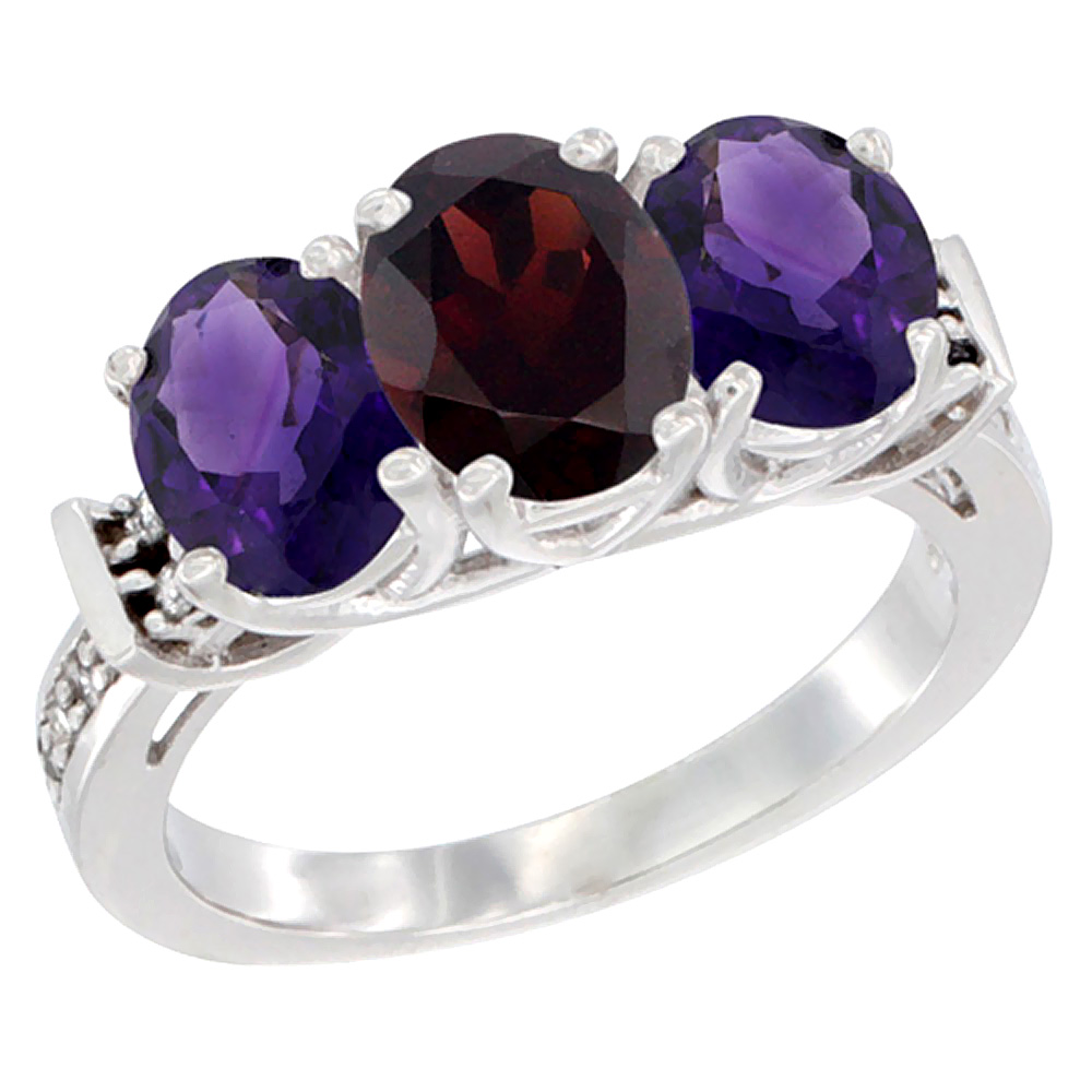 14K White Gold Natural Garnet &amp; Amethyst Sides Ring 3-Stone Oval Diamond Accent, sizes 5 - 10