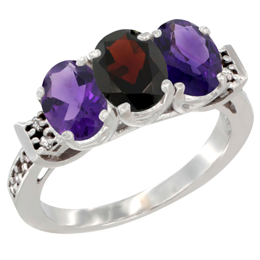 10K White Gold Natural Garnet & Amethyst Sides Ring 3-Stone Oval 7x5 mm Diamond Accent, sizes 5 - 10