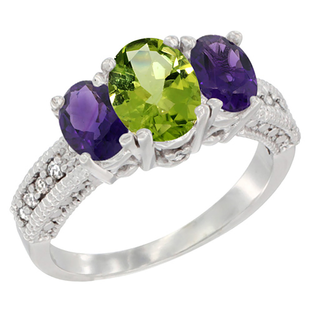 14K White Gold Diamond Natural Peridot Ring Oval 3-stone with Amethyst, sizes 5 - 10