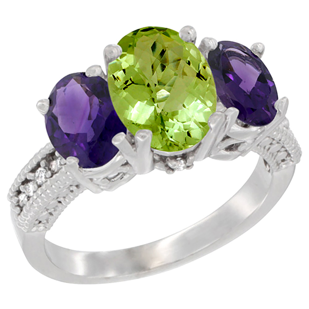10K White Gold Diamond Natural Peridot Ring 3-Stone Oval 8x6mm with Amethyst, sizes5-10