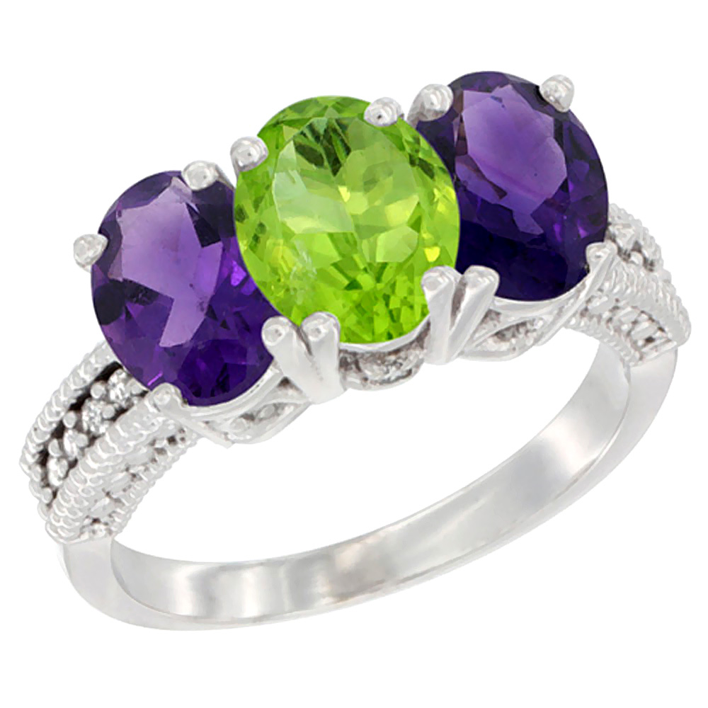 10K White Gold Natural Peridot &amp; Amethyst Sides Ring 3-Stone Oval 7x5 mm Diamond Accent, sizes 5 - 10