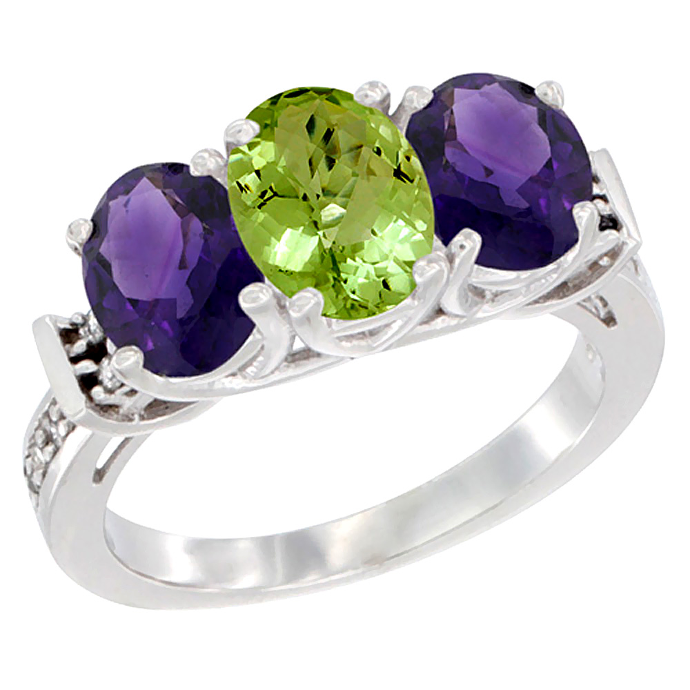 14K White Gold Natural Peridot &amp; Amethyst Sides Ring 3-Stone Oval Diamond Accent, sizes 5 - 10