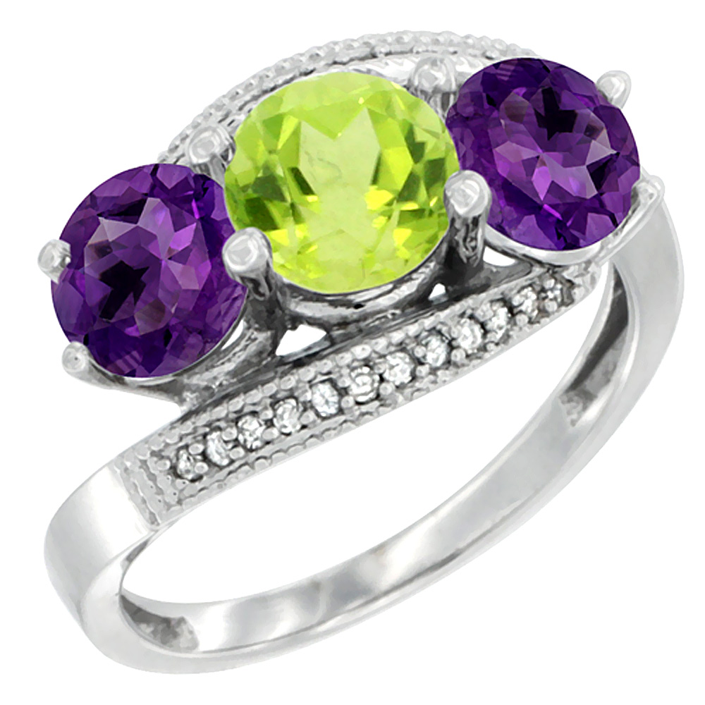 14K White Gold Natural Peridot &amp; Amethyst Sides 3 stone Ring Round 6mm Diamond Accent, sizes 5 - 10
