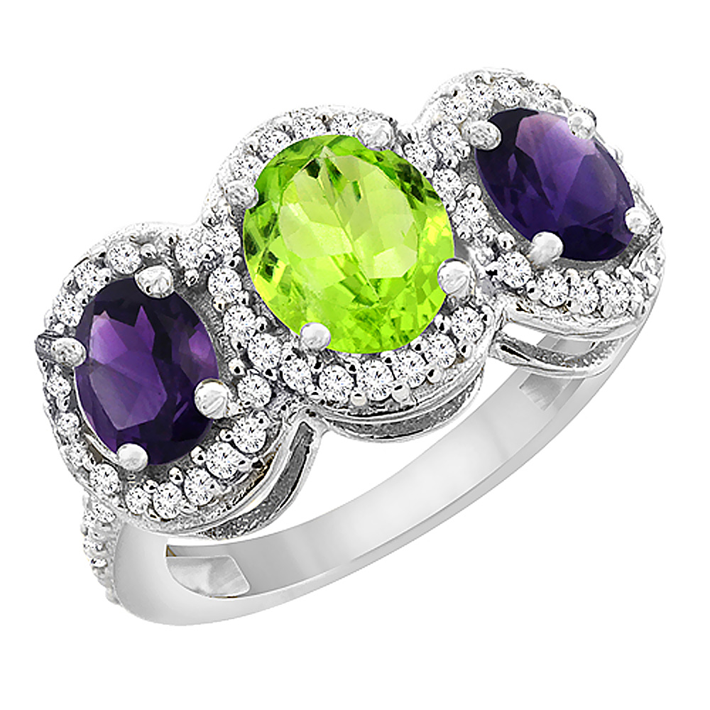 10K White Gold Natural Peridot &amp; Amethyst 3-Stone Ring Oval Diamond Accent, sizes 5 - 10