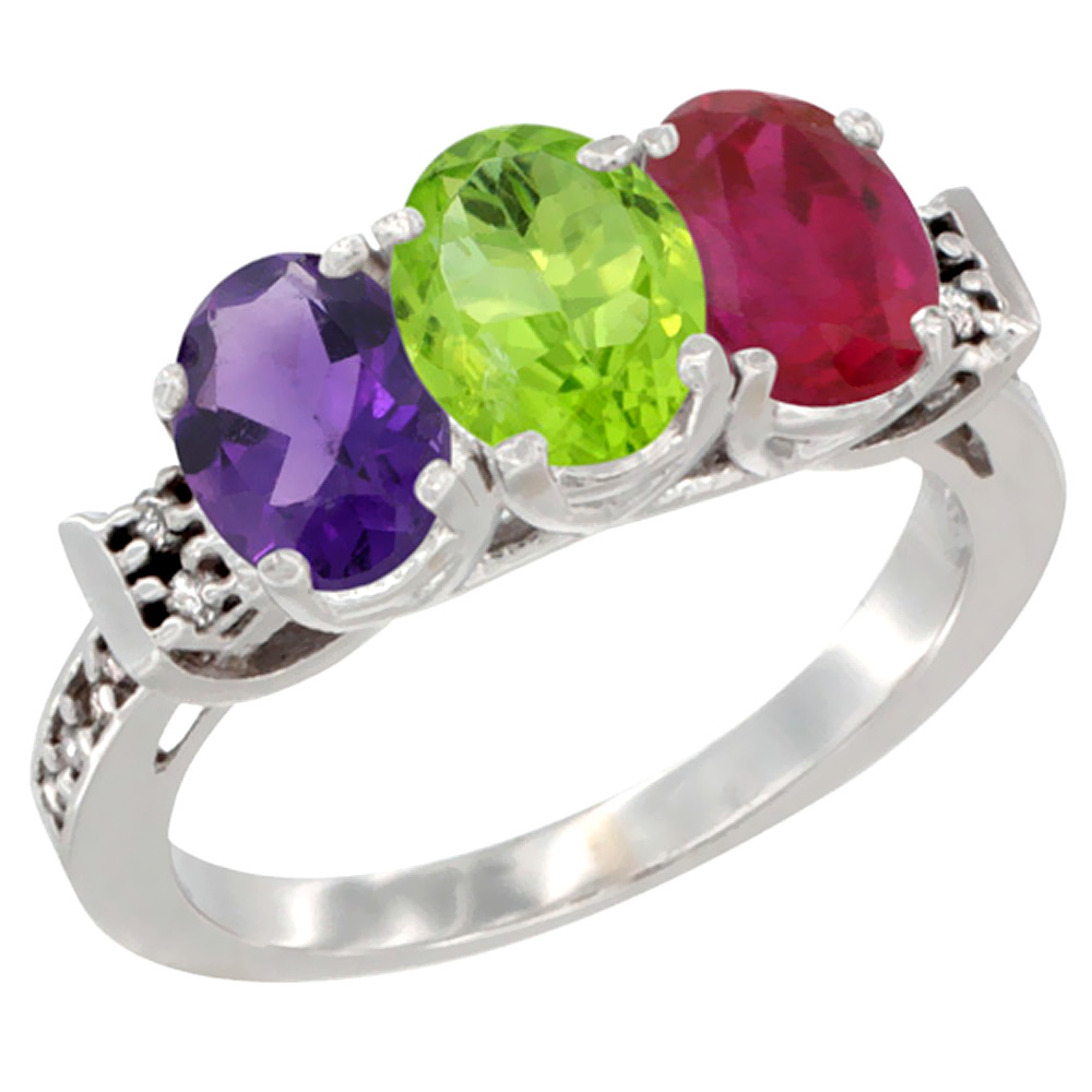 14K White Gold Natural Amethyst, Peridot &amp; Enhanced Ruby Ring 3-Stone 7x5 mm Oval Diamond Accent, sizes 5 - 10