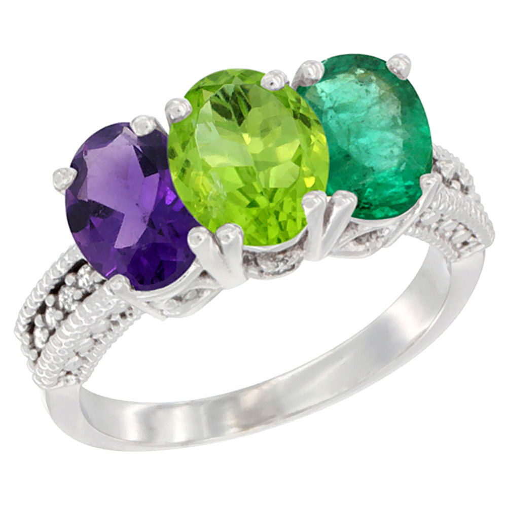 10K White Gold Natural Amethyst, Peridot &amp; Emerald Ring 3-Stone Oval 7x5 mm Diamond Accent, sizes 5 - 10