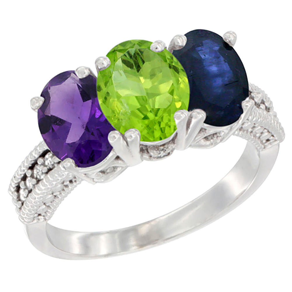 14K White Gold Natural Amethyst, Peridot &amp; Blue Sapphire Ring 3-Stone 7x5 mm Oval Diamond Accent, sizes 5 - 10
