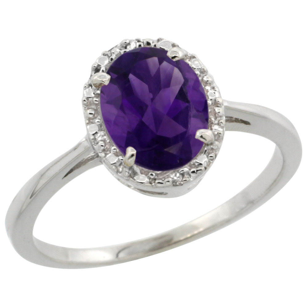 14K White Gold Natural Amethyst Ring Oval 8x6 mm Diamond Halo, sizes 5-10