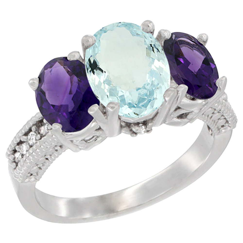 10K White Gold Diamond Natural Aquamarine Ring 3-Stone Oval 8x6mm with Amethyst, sizes5-10