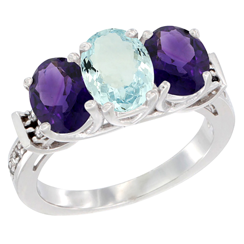 10K White Gold Natural Aquamarine & Amethyst Sides Ring 3-Stone Oval Diamond Accent, sizes 5 - 10