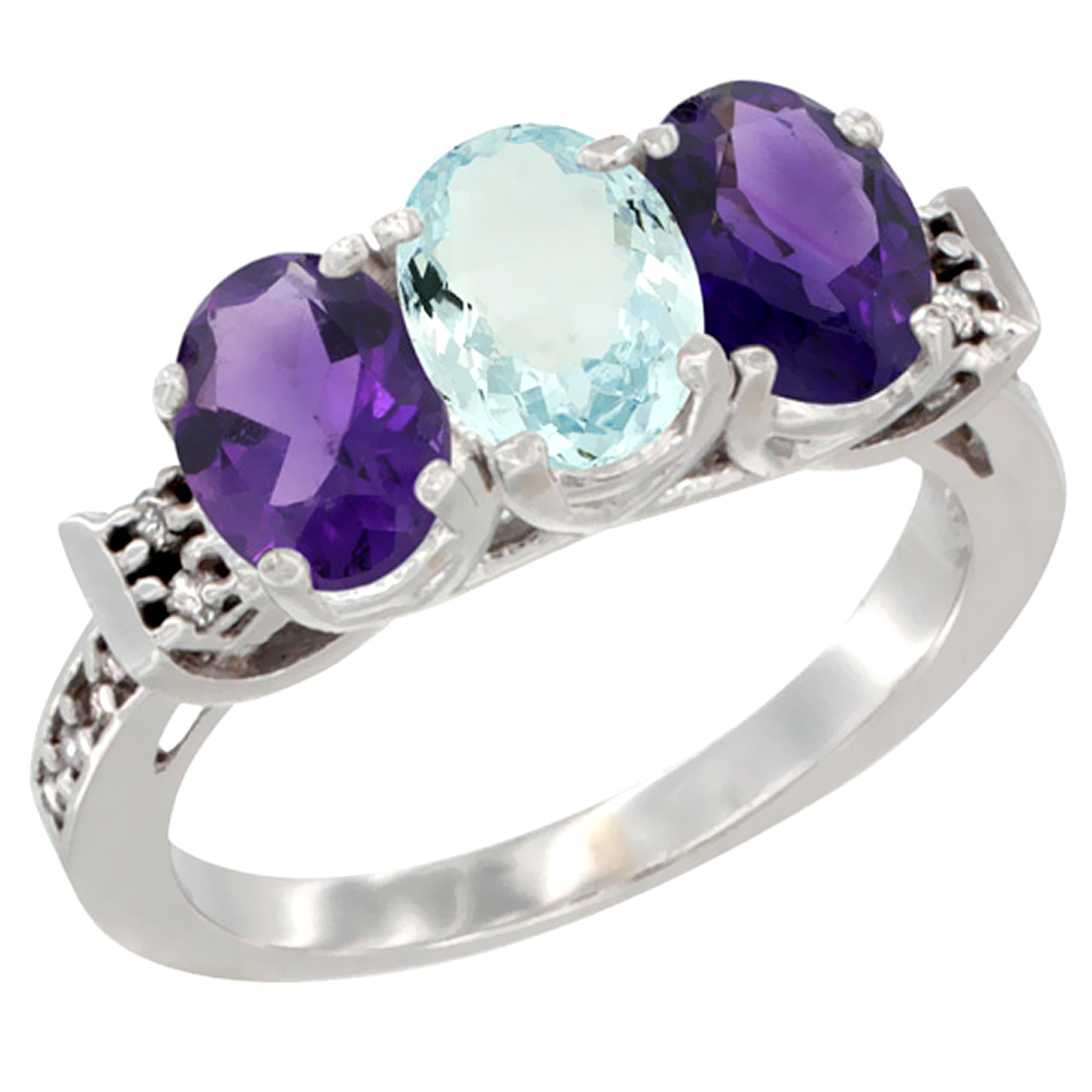 10K White Gold Natural Aquamarine & Amethyst Sides Ring 3-Stone Oval 7x5 mm Diamond Accent, sizes 5 - 10