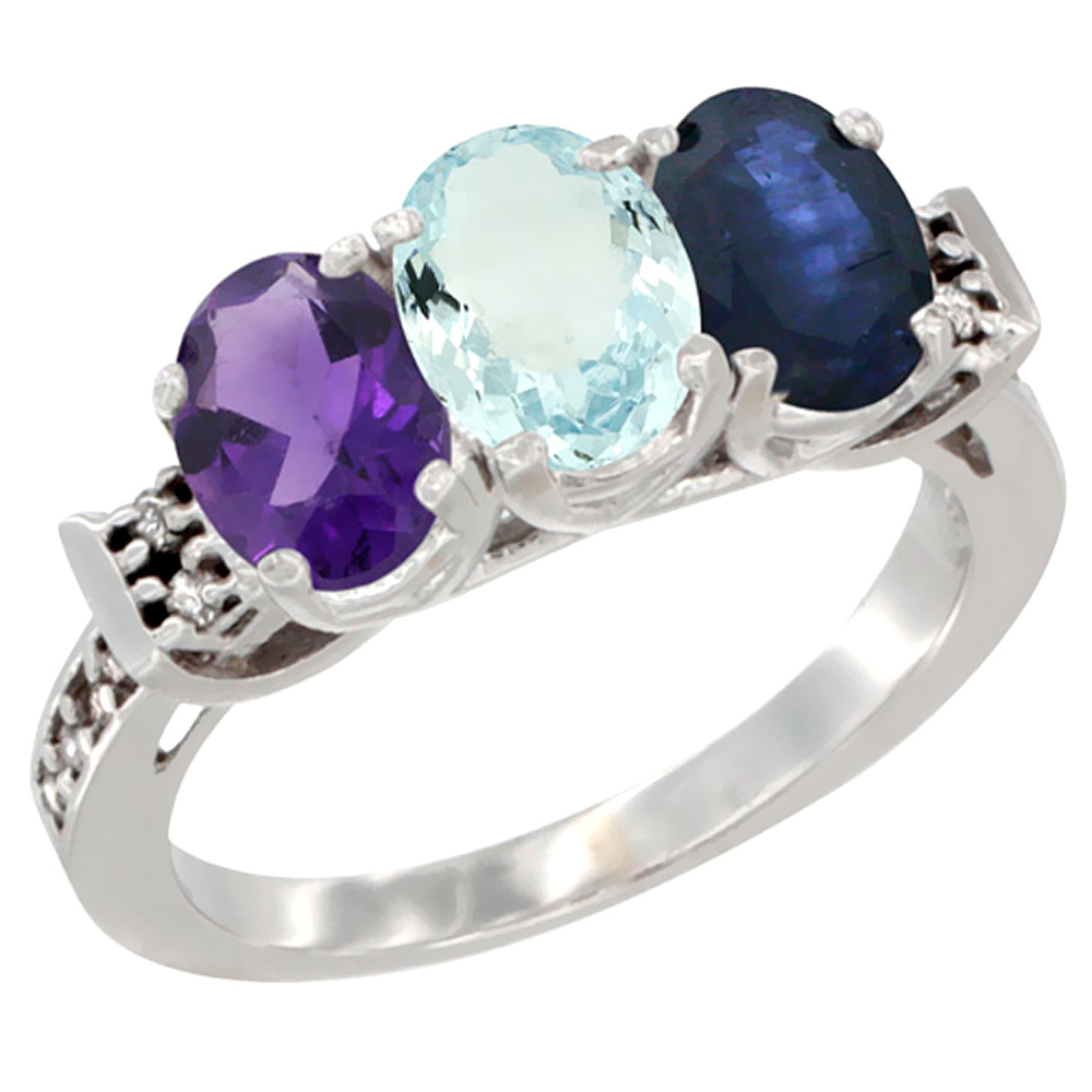 10K White Gold Natural Amethyst, Aquamarine &amp; Blue Sapphire Ring 3-Stone Oval 7x5 mm Diamond Accent, sizes 5 - 10
