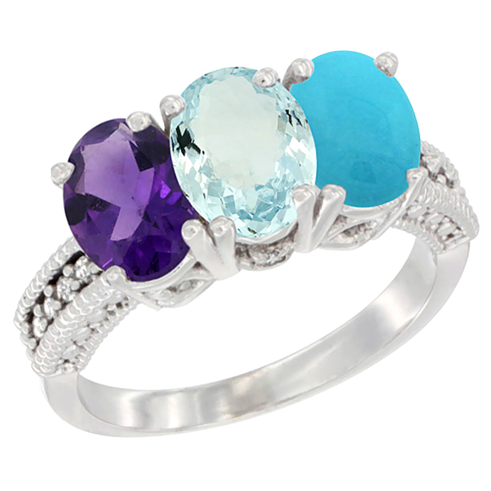 10K White Gold Natural Amethyst, Aquamarine & Turquoise Ring 3-Stone Oval 7x5 mm Diamond Accent, sizes 5 - 10