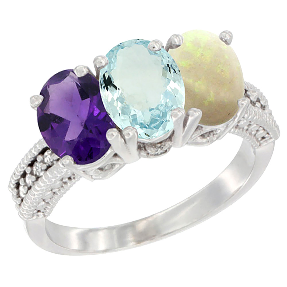 10K White Gold Natural Amethyst, Aquamarine &amp; Opal Ring 3-Stone Oval 7x5 mm Diamond Accent, sizes 5 - 10
