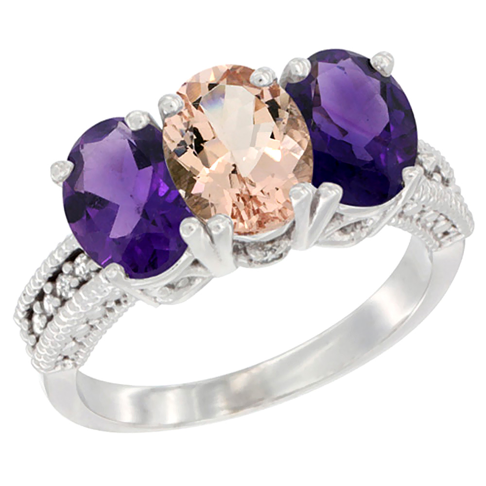 10K White Gold Natural Morganite &amp; Amethyst Sides Ring 3-Stone Oval 7x5 mm Diamond Accent, sizes 5 - 10