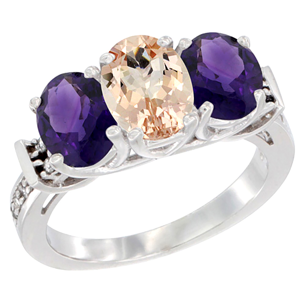 14K White Gold Natural Morganite & Amethyst Sides Ring 3-Stone Oval Diamond Accent, sizes 5 - 10