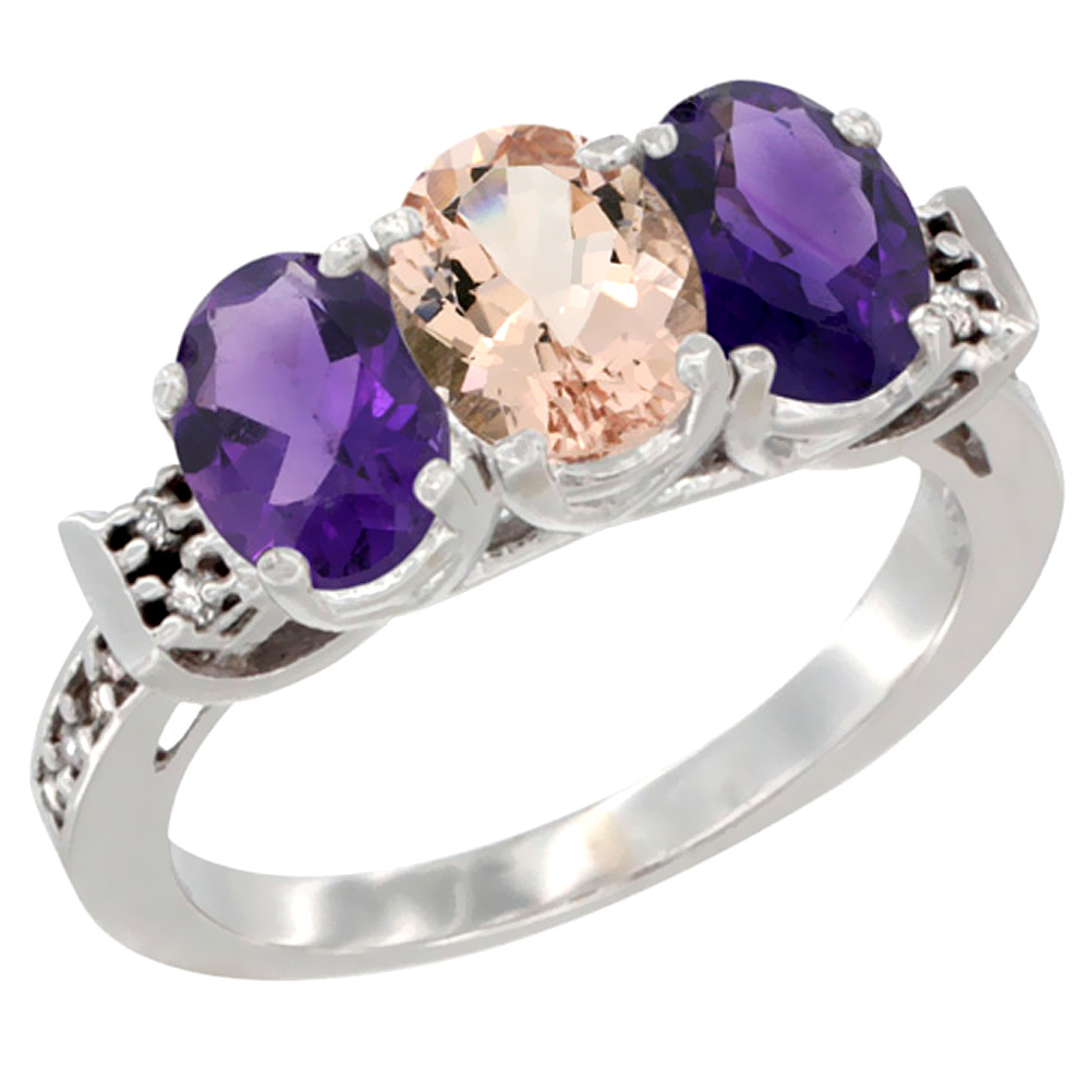 14K White Gold Natural Morganite &amp; Amethyst Sides Ring 3-Stone 7x5 mm Oval Diamond Accent, sizes 5 - 10