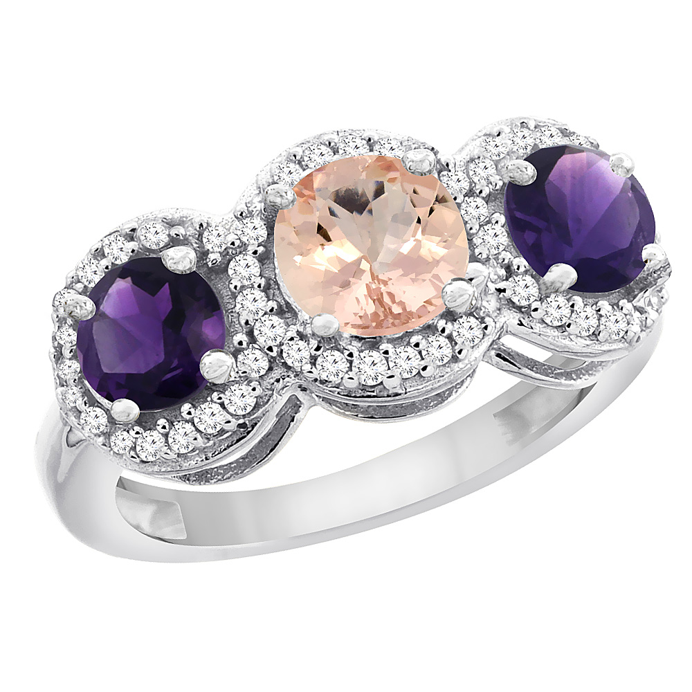 14K White Gold Natural Morganite &amp; Amethyst Sides Round 3-stone Ring Diamond Accents, sizes 5 - 10
