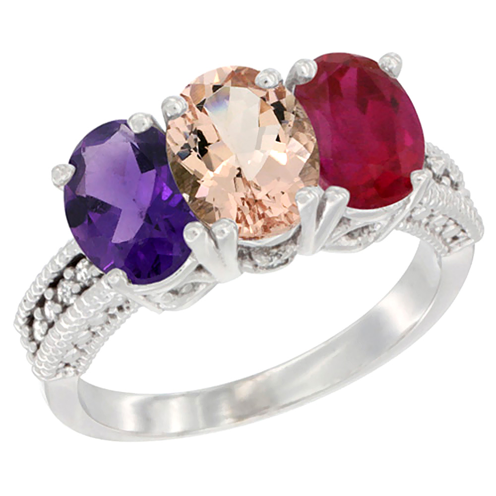 14K White Gold Natural Amethyst, Morganite &amp; Enhanced Ruby Ring 3-Stone 7x5 mm Oval Diamond Accent, sizes 5 - 10