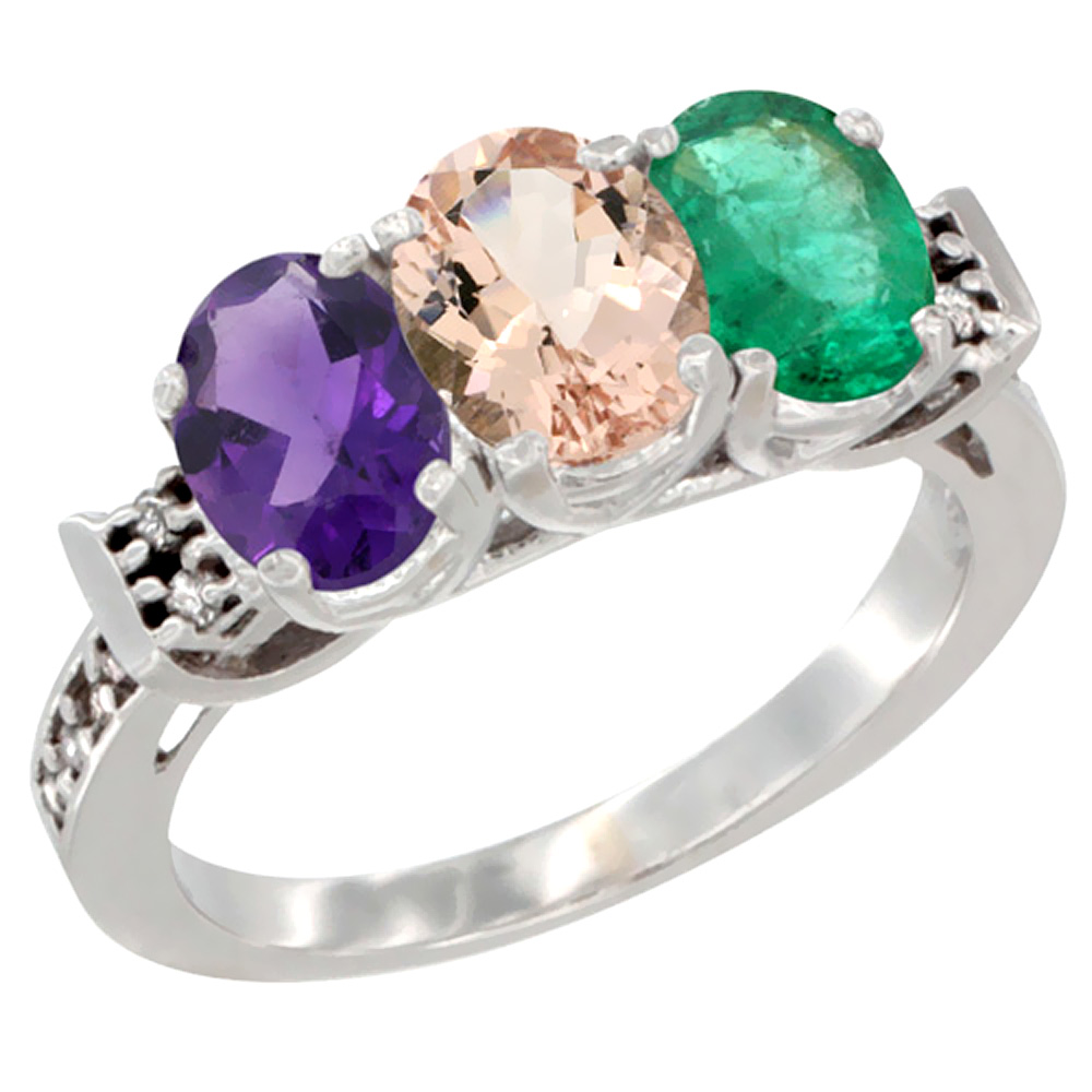 14K White Gold Natural Amethyst, Morganite &amp; Emerald Ring 3-Stone 7x5 mm Oval Diamond Accent, sizes 5 - 10