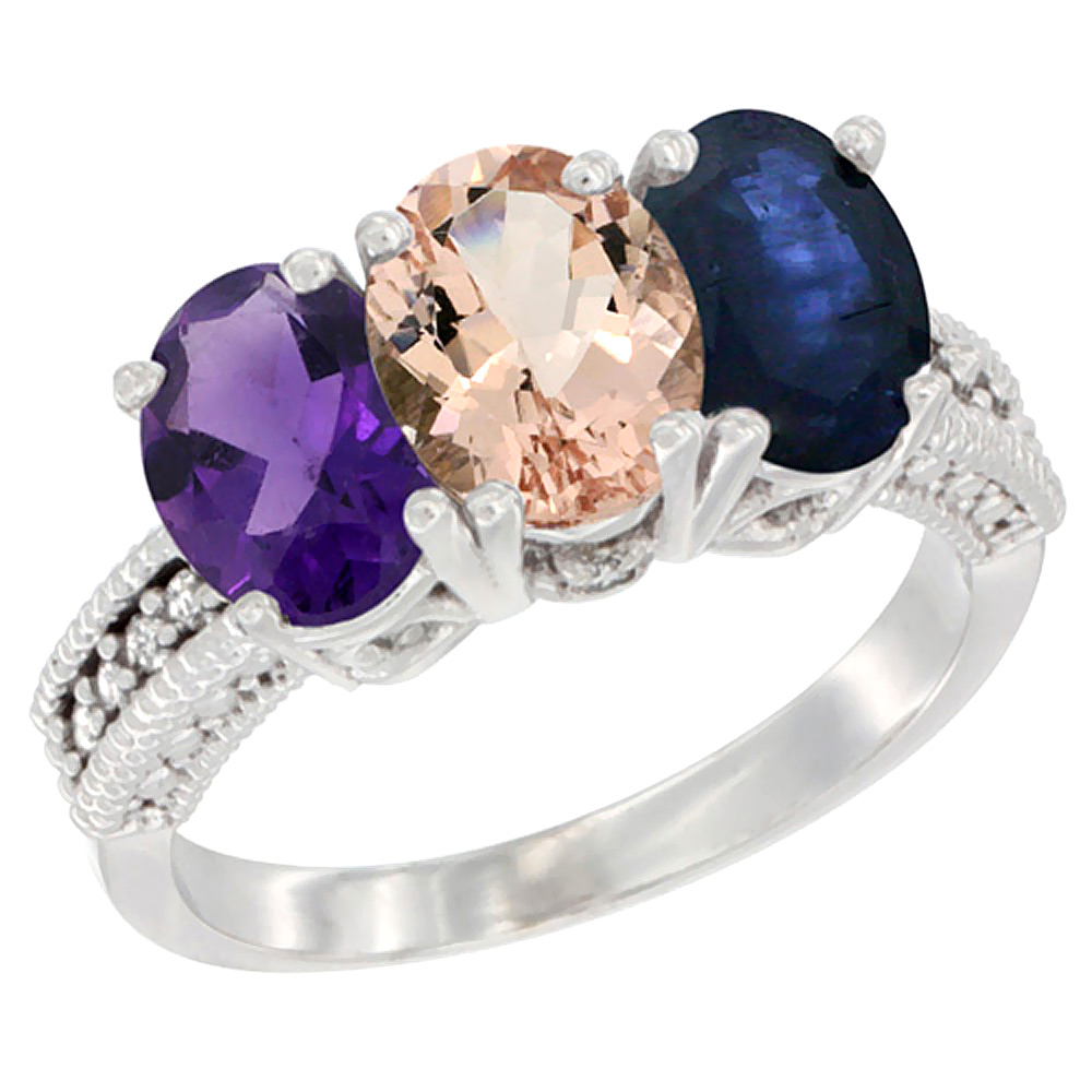 14K White Gold Natural Amethyst, Morganite &amp; Blue Sapphire Ring 3-Stone 7x5 mm Oval Diamond Accent, sizes 5 - 10