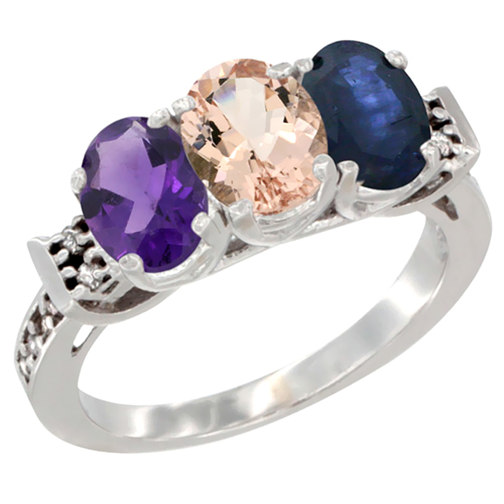 10K White Gold Natural Amethyst, Morganite &amp; Blue Sapphire Ring 3-Stone Oval 7x5 mm Diamond Accent, sizes 5 - 10