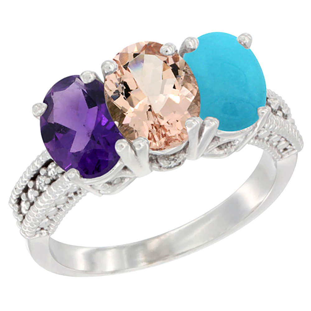 10K White Gold Natural Amethyst, Morganite &amp; Turquoise Ring 3-Stone Oval 7x5 mm Diamond Accent, sizes 5 - 10