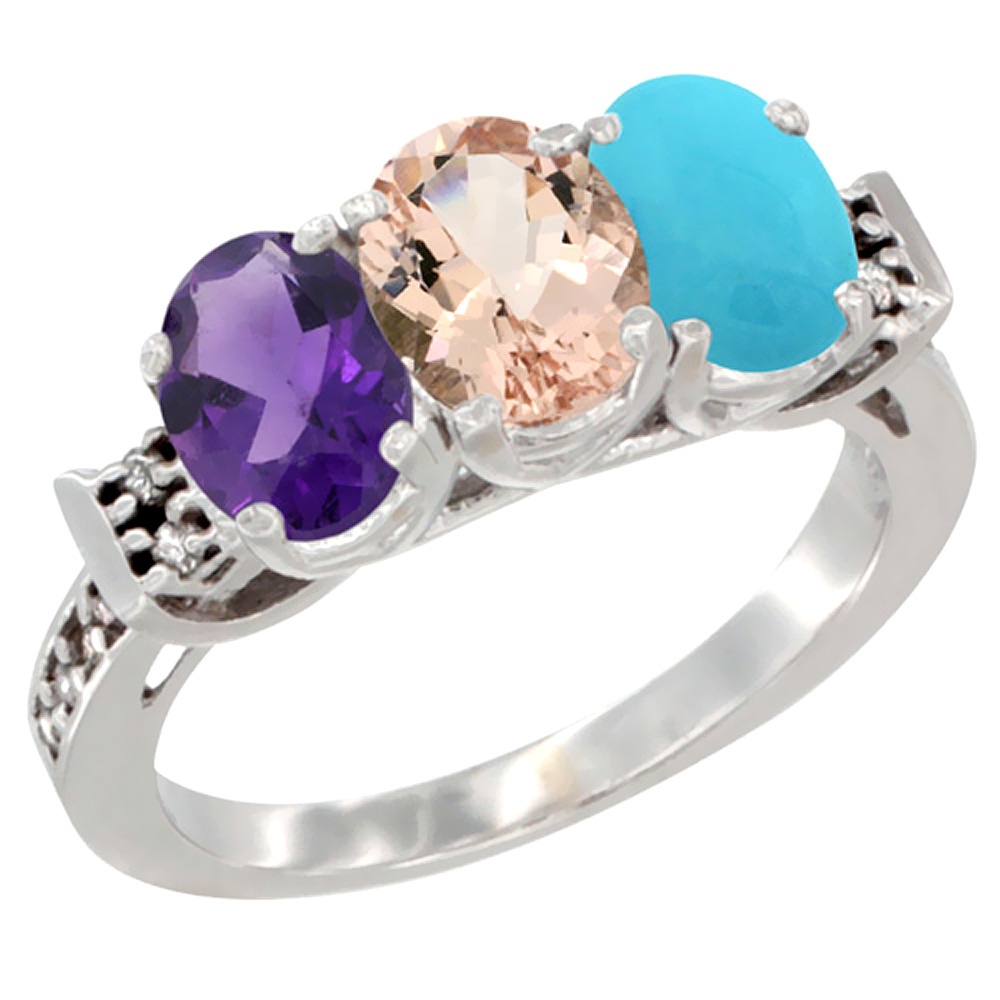 10K White Gold Natural Amethyst, Morganite &amp; Turquoise Ring 3-Stone Oval 7x5 mm Diamond Accent, sizes 5 - 10