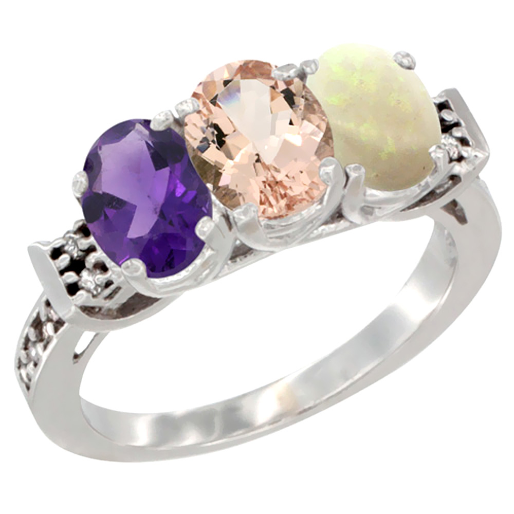 10K White Gold Natural Amethyst, Morganite &amp; Opal Ring 3-Stone Oval 7x5 mm Diamond Accent, sizes 5 - 10