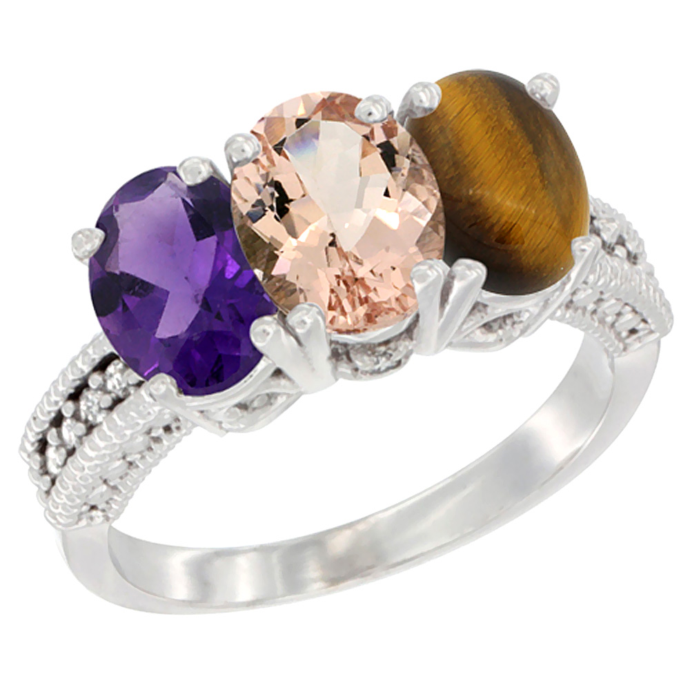 14K White Gold Natural Amethyst, Morganite &amp; Tiger Eye Ring 3-Stone 7x5 mm Oval Diamond Accent, sizes 5 - 10